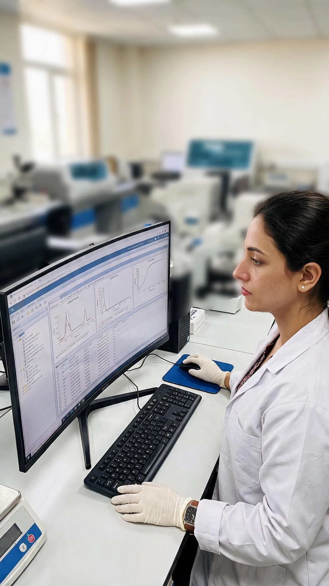 Bioquímica revisando y validando resultados en el sistema del laboratorio
