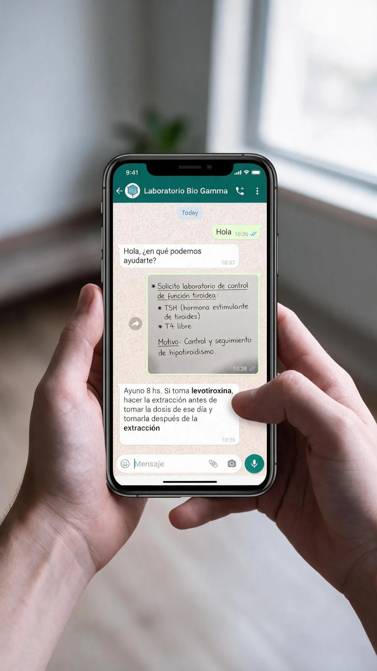 Chat de WhatsApp de Bio Gamma con indicaciones de preparación y ayuno